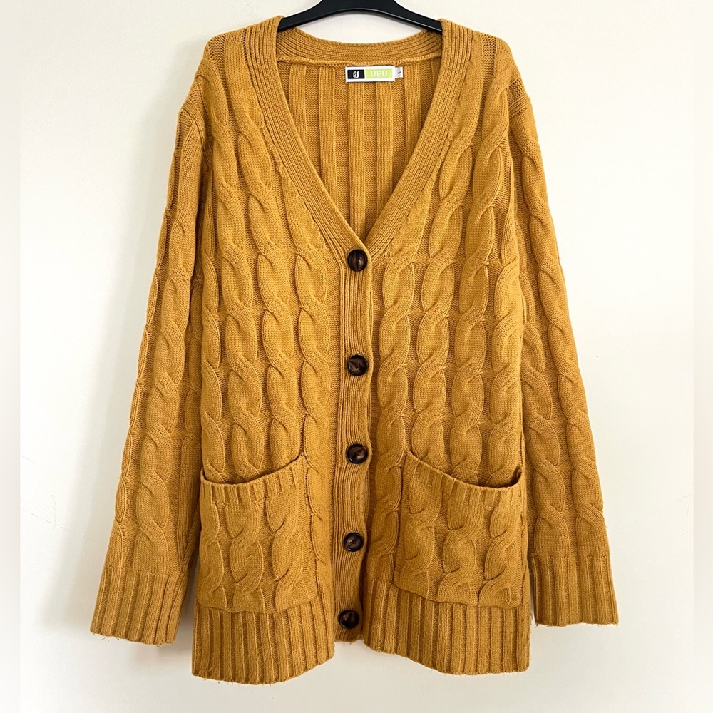 UEU Mustard Cable Knit preppy bohemian Office  Cardigan L